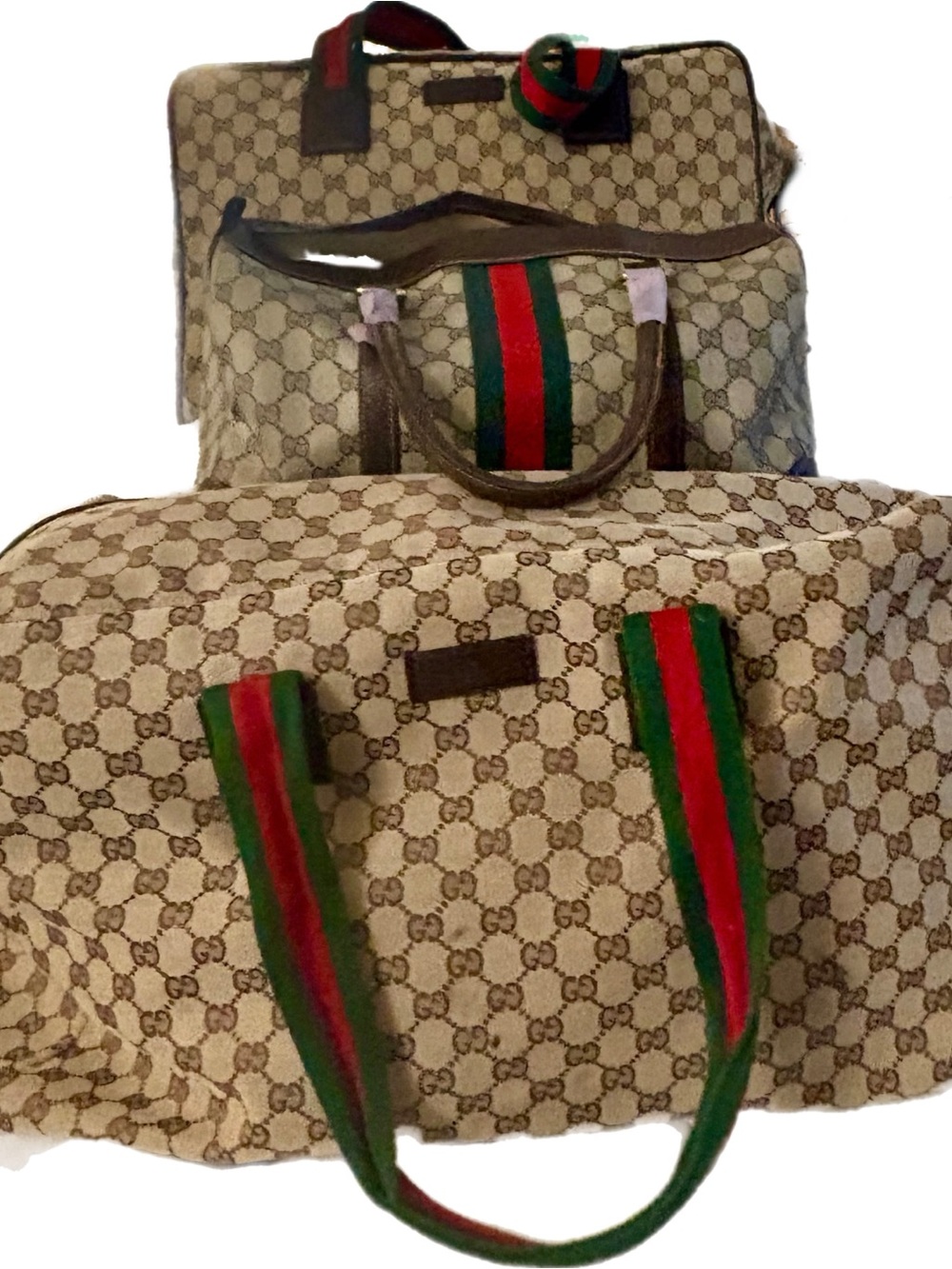 BUY 1 GET 2 FREE! Brown Canvas GG Web Duffle Bag Set; Large, Medium and Small